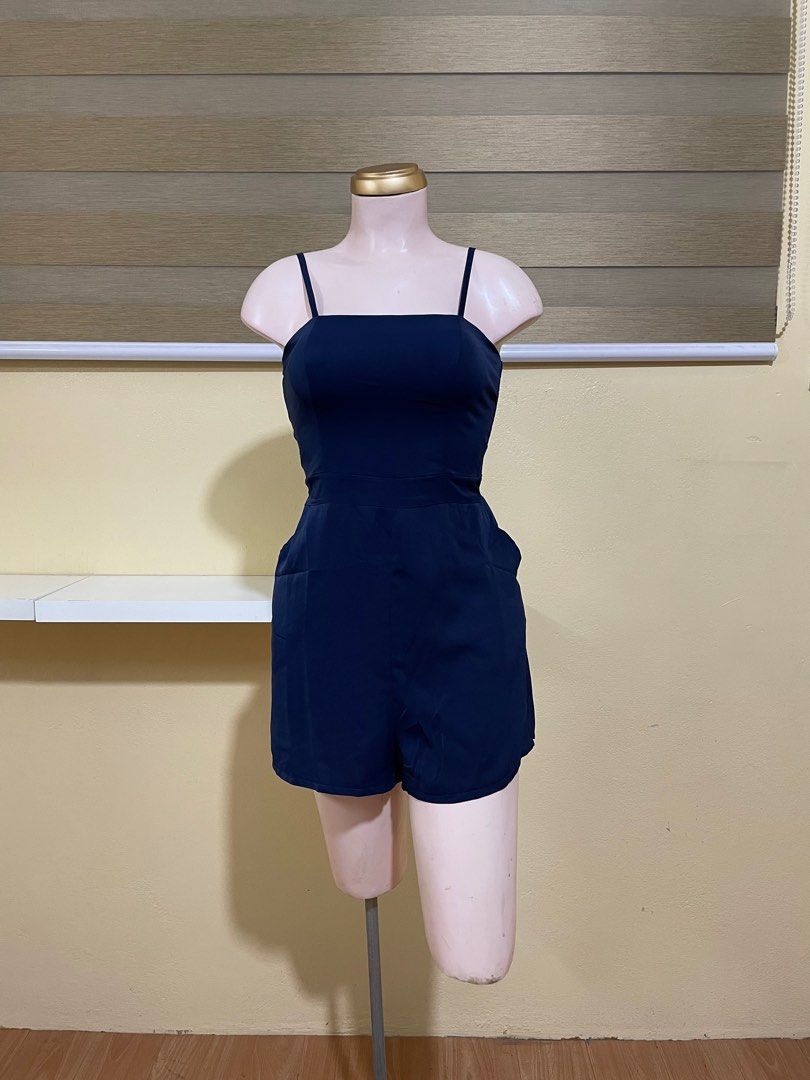 Navy Blue Romper with Polo/ Blazer (Category: Rompers) located in Manila. Submitted by vonerityy (Listing ID 1393226386, Image 2). Description: 2-in-1 romper set Mango Silk Small to Large Padded Adjustable strap Has zipper at the back Full smock at the back Waist tie Has pockets.
