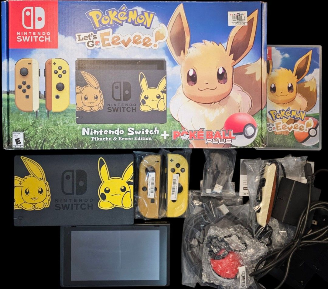 Nintendo Switch Let's Go Eevee Edition (Category: Nintendo) located in Paranaque City. Submitted by john020497 (Listing ID 1317169779, Image 1). Description: - This is a rare unit. - Complete with box, manuals, joycon grips, joycon straps, dock, hdmi cable, charger, pokeball plus, charger of pokeball plus and Pokemon Let's Go Eevee game. - Very good condition around 9/10 smoothness with minimal scratches at the back. With tempered glass installed