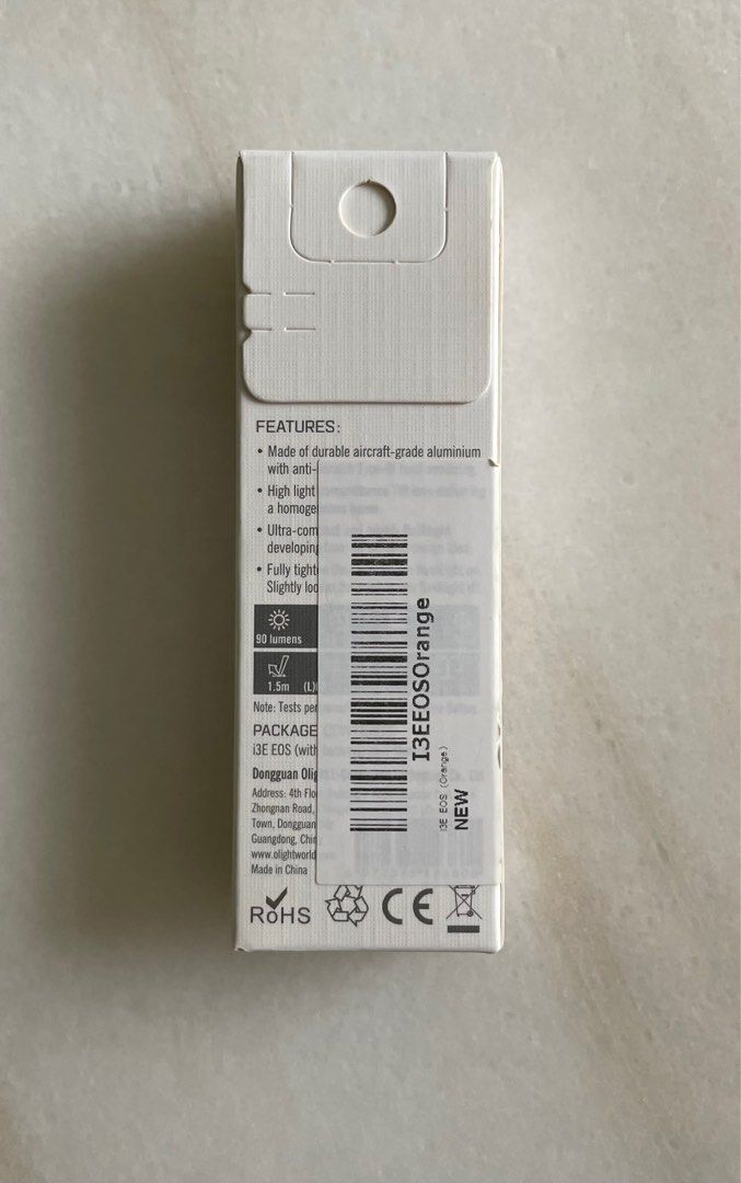 Olight i3E EOS (Category: Travel Essentials & Accessories) located in Singapore. Submitted by j_u_s_t_m_e (Listing ID 1393115219, Image 2). Description: Brand new in box and sealed. Mono-output LED Keychain Flashlight. Perfect for keychains, everyday carry or as gifts. Small in size and just weighs 19.4g (including battery). Key features: - 90 lumens - 44 meters max throw - waterproof IPX8 - 1.5 meters drop test .