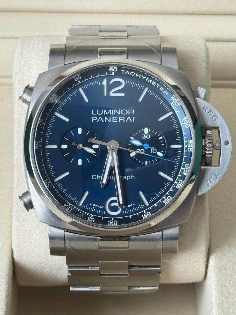 Panerai Luminor Marina Chrono 1110 (Category: Luxury Watches) located in Manila. Submitted by watchguyph (Listing ID 1393139429, Image 1). Description: For Sale!‼️ 🏷️ 580k Panerai Luminor Chrono PAM1110 44mm Blue dial Automatic Foreign AD 2021 Under warranty 8 years Complete box and papers Condition 9.8/10 Pm for inquiries.