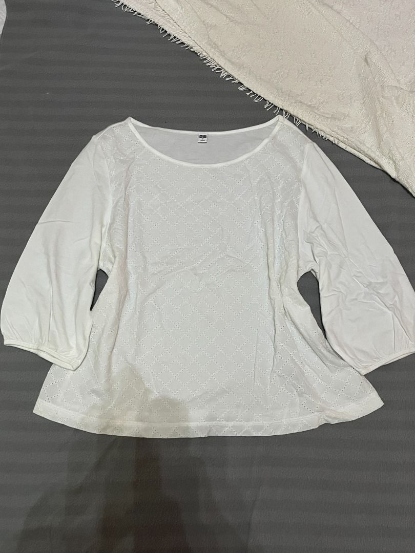 Coquette 3/4 sleeve white top (Category: Blouses) located in San Pedro. Submitted by 111vkk (Listing ID 1393294193, Image 1). Description: ↝ Description: Uniqlo top with front details and 3/4 sleeves for a modest but cute look ↝ Size on tag: M ↝ Fits: S-M ↝ Issues: Some washable stains near the bottom part (see photos) ❣ All secondhand, pls manage your expectations! ❣ No ww pics but send a message for the measurements ❣ GCash/bank transfer only.