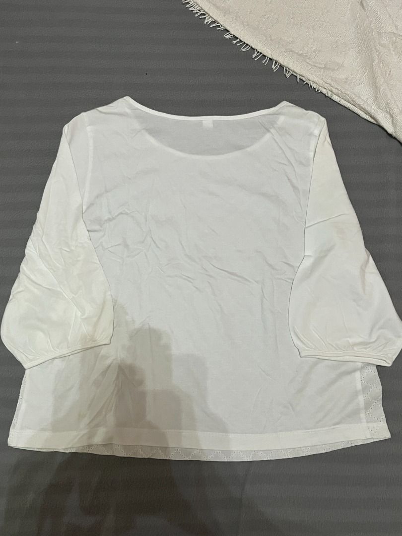 Coquette 3/4 sleeve white top (Category: Blouses) located in San Pedro. Submitted by 111vkk (Listing ID 1393294193, Image 2). Description: ↝ Description: Uniqlo top with front details and 3/4 sleeves for a modest but cute look ↝ Size on tag: M ↝ Fits: S-M ↝ Issues: Some washable stains near the bottom part (see photos) ❣ All secondhand, pls manage your expectations! ❣ No ww pics but send a message for the measurements ❣ GCash/bank transfer only.