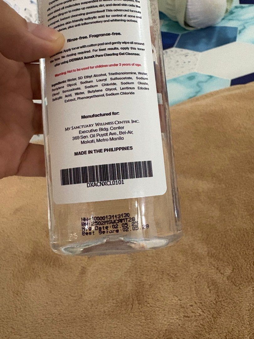 Dermax Acne X toner (Category: Face Care) located in Malabon City. Submitted by monstershaaa (Listing ID 1393267568, Image 3). Description: Original Bought in Sm grand central - Skin Station Konti lang po ang nabawas (nag try lang ako) Exp. 2028 Rfs : hindi hiyang .