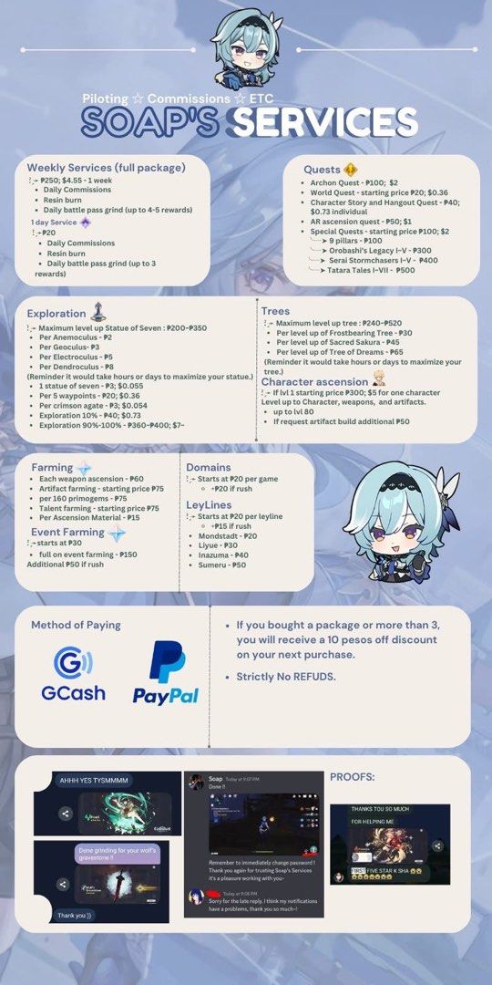 Genshin Piloting Negotiable! (Category: In-Game Products) located in Manila. Submitted by averyyyisss (Listing ID 1393406784, Image 1). Description: Please inquire through dm to ask for past vouches from clients. Please take note that the post is outdated, for natlan and nod krai please inquire first. READ BEFORE BUYING: —> I have the rights to decline an order if the client is being rude or the task itself is not related to the game. —> The pric