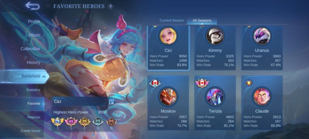 ML Account (Category: Game Gift Cards & Accounts) located in Pasig City. Submitted by vgella (Listing ID 1374294625, Image 3). Description: World Collector - 327k points 5.8k matches - 67% overall winrate 200 stars highest rank 669 Skins Franco, Freya, Gusion Legend Skin 1 Naruto Skin 2 HxH Skins 1 Neobeast 1 Kishin Densetsu 2 Exorcist 6 KOF 5 Aspirants 1 AOT Complete Cloud Skins 1 Ducati 2 Saint Seiya 2 Kung Fu Panda 3 Transformers 3 Sanrio Char