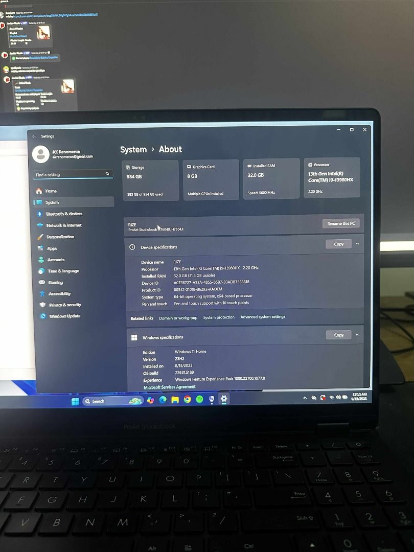 ProArt StudioBook (Category: Laptops & Notebooks) located in Caloocan City. Submitted by akrenomero53956 (Listing ID 1393414437, Image 3). Description: Processor: 13th Gen Intel(R) Core(TM) i9-13980HX 2.20GHz Installed RAM: 32.0 GB (31.6 GB usable) Device ID: ACE38727-A33A-4855-85B7-93ADB756318 Product ID: 00342-21018-36292-AAOEM System type: 64-bit operating system, x64 based processor Pen and touch: Pen and touch support with 10 touch points In