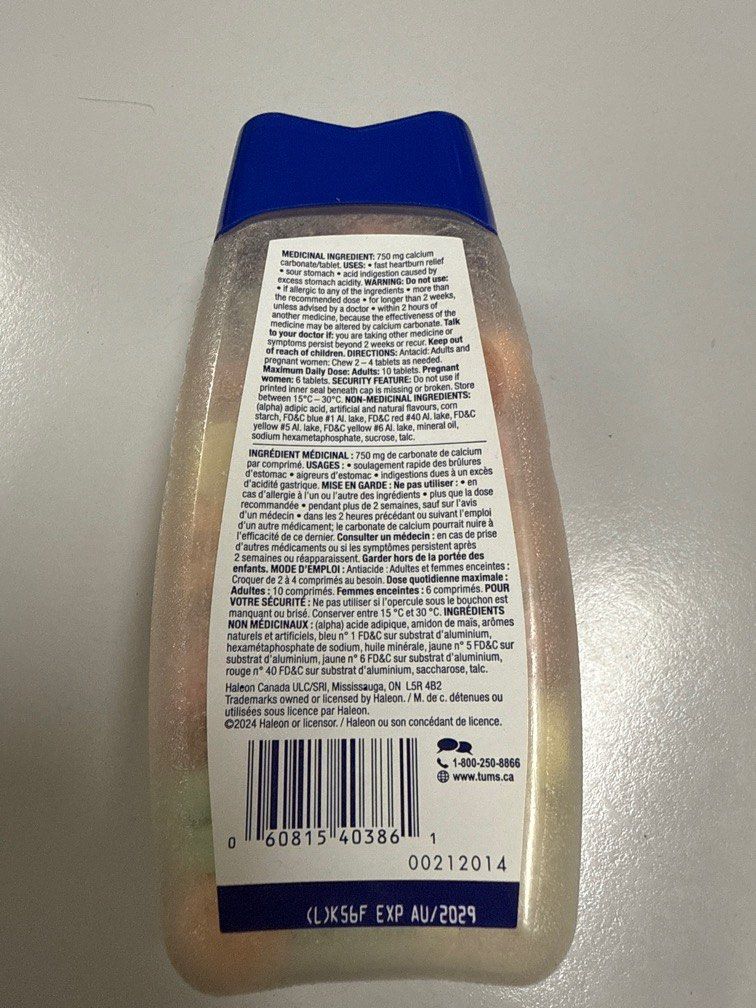 TUMS calcium carbonate tablets (Category: Health Food, Drinks & Tonics) located in Manila. Submitted by goldshekels250901 (Listing ID 1393294431, Image 3). Description: Original TUMS for your acidic tummies! Tried to take 3-5pcs but my tummy really doesn’t like the taste of it. Do ‘t want to put this go waste so am selling for cheaper price..