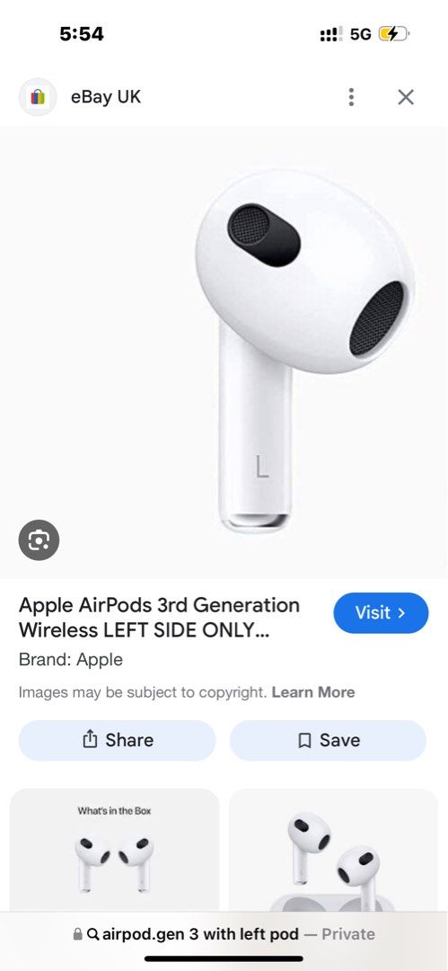 Airpods gen 3 authentic (Category: Earphones) located in Makati City. Submitted by luxuryfinds88 (Listing ID 1393533447, Image 2). Description: With left pod only. Left pod can be bought separately too if u want I have two of these.