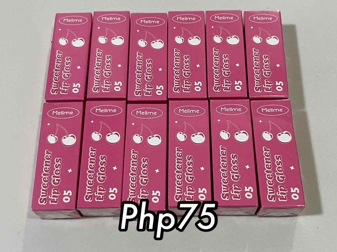 Mellme Sweetener Lip Gloss 05 (Category: Makeup) located in Las Pinas. Submitted by freeshopperph (Listing ID 1393604236, Image 1). Description: - Mellme Sweetener Lip Gloss - Shade: 05 - Packaging: Pink box with cherry design - Price: Php75 - Availability: Multiple units available.