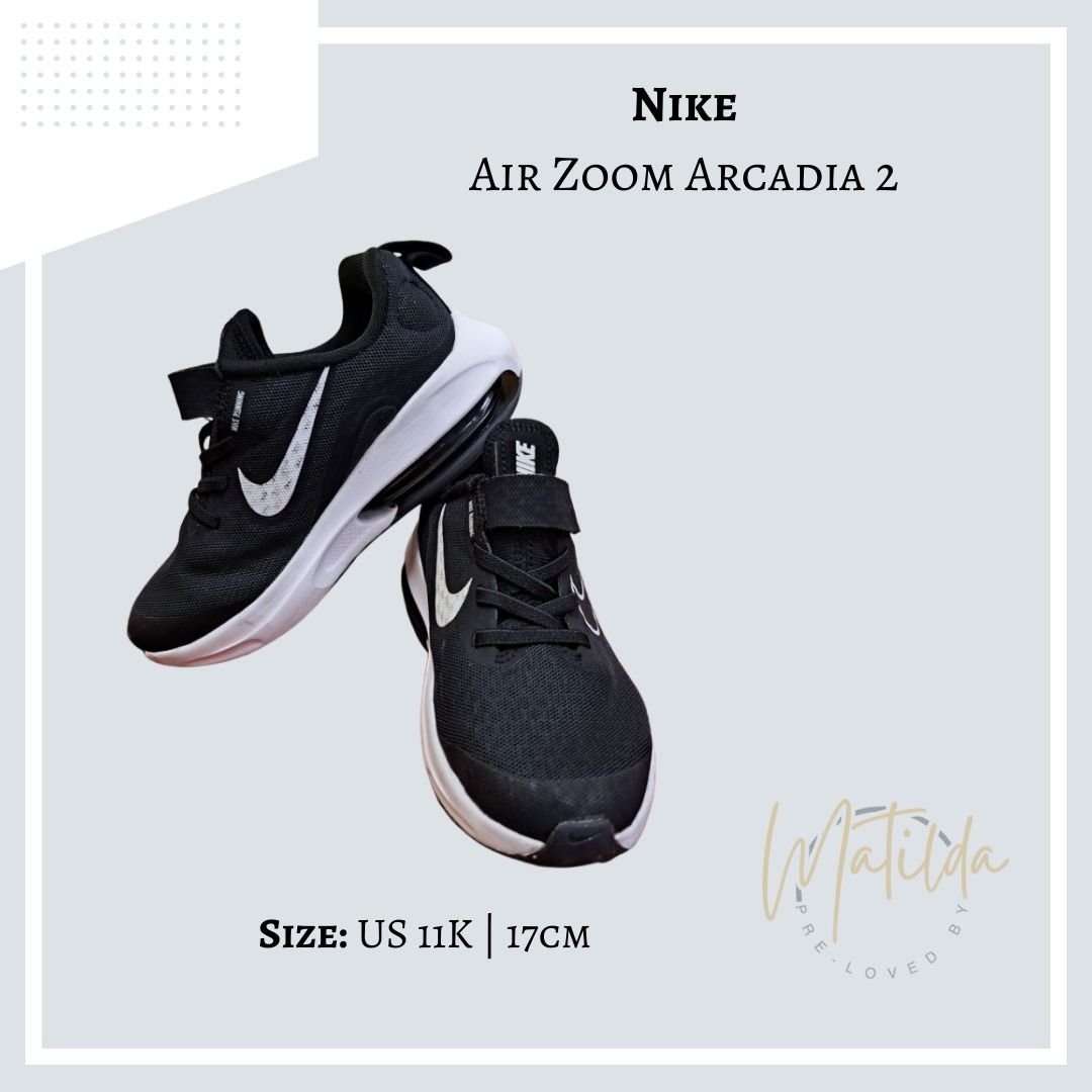 Nike ORIGINAL Air Zoom Arcadia 2 (Category: Babies & Kids Fashion) located in Quezon City. Submitted by matilda12204 (Listing ID 1364778691, Image 1). Description: Air Zoom Arcadia 2 Nike Kids | ORIGINAL PRODUCT DETAILS - Fashionable and comfortable. - What you see is what you get. - Ready to wear. SIZE & FIT US 11 17cm B05.