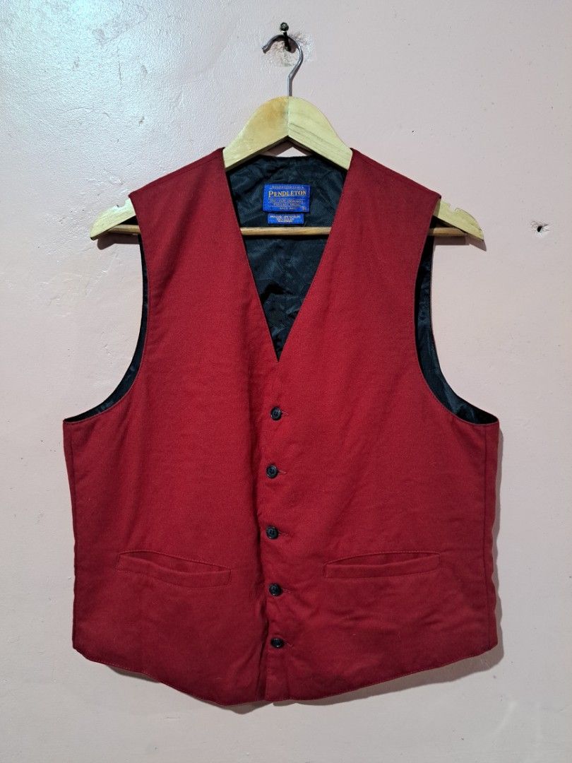 Pendleton Red Wool Vest (Category: Vests) located in Baguio. Submitted by randomthrifts2600 (Listing ID 1393561158, Image 1). Description: - Pendleton red vest - Size: M - Features: - Black lining - Three buttons - Material: 100% virgin wool - Made in USA - Care: Dry clean only No issue Size medium on tag W20 L24 .