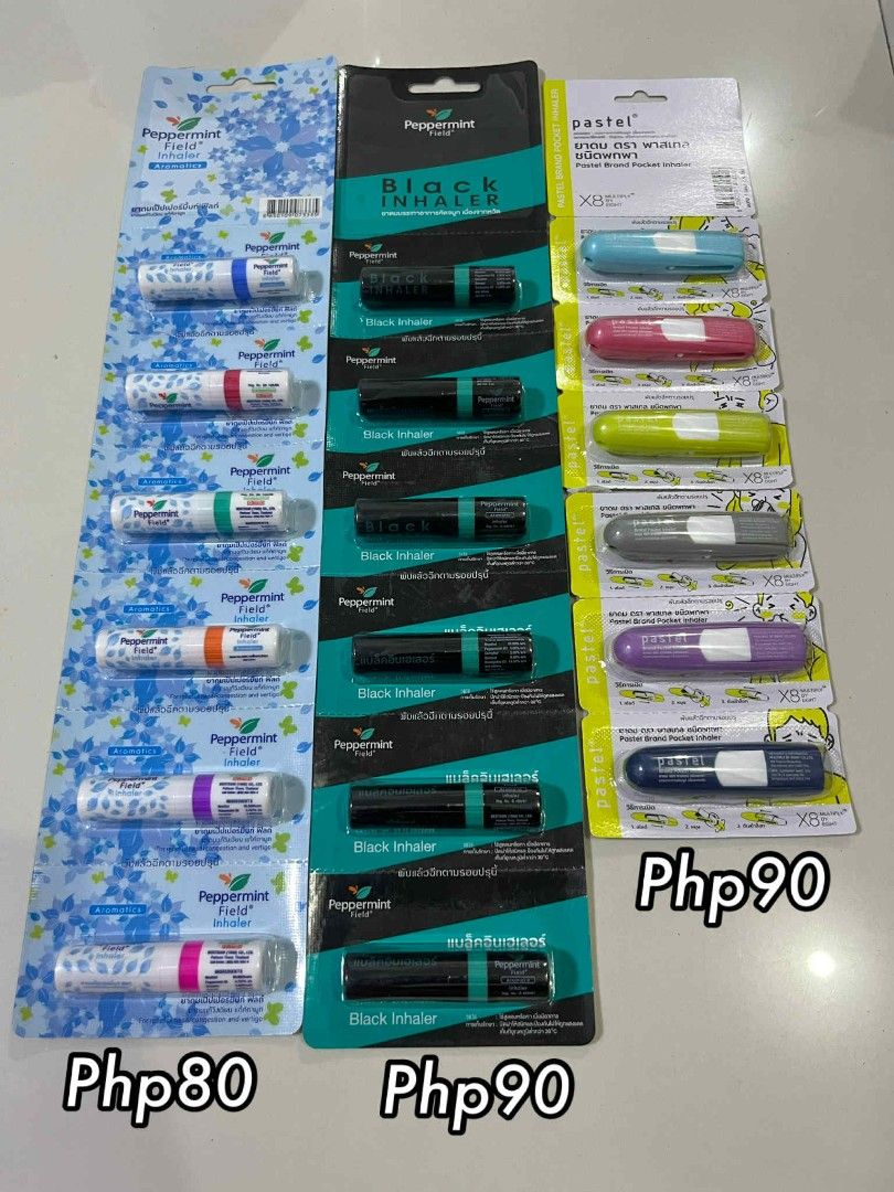 Thailand Inhalers Peppermint Field / Pastel (Category: Medical Supplies & Tools) located in Las Pinas. Submitted by freeshopperph (Listing ID 1393604096, Image 1). Description: - Peppermint Field / Pastel Inhalers - Peppermint Field White: Php80 - PF Black Inhaler: Php90 - Pastel Inhaler: Php90 - Message for inquiries!.