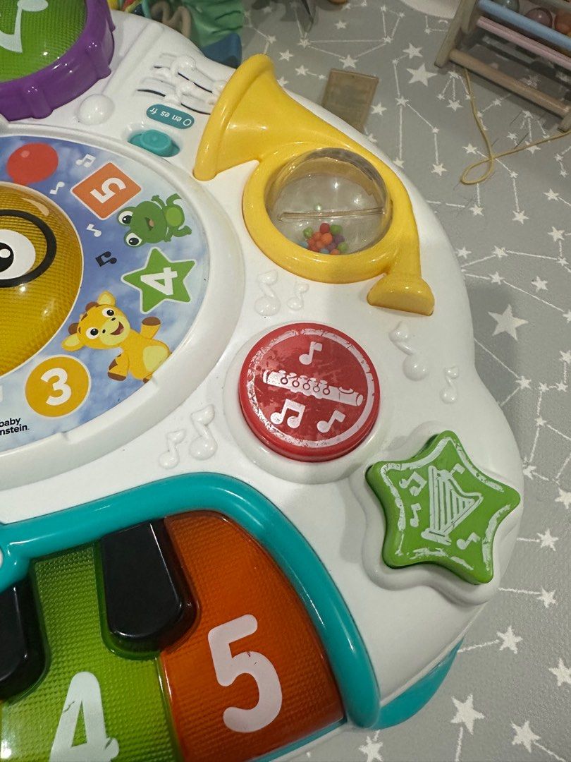 Baby Einstein Dicovering Music Activity Table (Category: Infant Playtime) located in Antipolo. Submitted by annavalasio (Listing ID 1390233236, Image 3). Description: Like new, onting fade lang since sinasanitize. Bought 3 months ago. Di na pinapansin ni LO. With box pa. I can send video na working pa lahat Recommended for 6 months and up Material/s: Plastic ​​Empowers baby to make their own magical music ​Ages up from sit & play to standing toy 