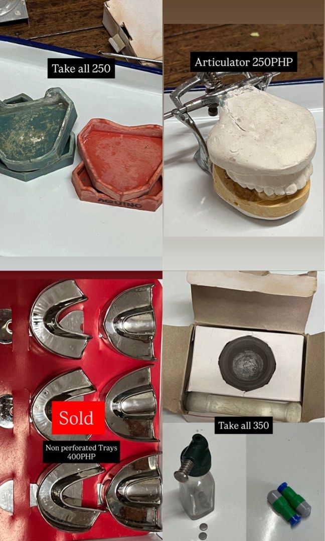 Dental Materials (Category: Medical Supplies & Tools) located in Quezon City. Submitted by d.essentialfinds (Listing ID 1387792800, Image 3). Description: Dental Materials -Dapen dish -Composite Gun -Typodont - 2 Hu-Freidy Scalers -Waste Receiver and Cotton dispenser -2 Enamel Tray -Cheek Retractor -Endo Set -Rubber Dam Assembly -OP Set -Resto Set -Prostho set (Fox plane, alcohol torch, alcohol lamp, alcohol lamp assembly) -mercury dispenser with