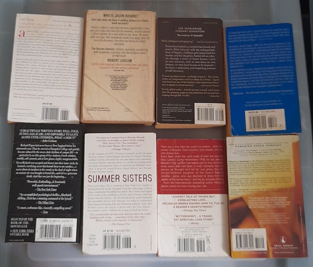 Popular Fiction 8 Small Paperbacks (details in description) (Category: Storybooks) located in Caloocan City. Submitted by giftsfromjapan5 (Listing ID 1390265771, Image 3). Description: 1) Devil Wears Prada - Lauren Weisberger 2) Bourne Identity - Robert Ludlum 3) White Oleander - Janet Fitch 4) Rule of Four - Ian Caldwell, Dustin Thomason 5) Secret History - Donna Tartt 6) Summer Sisters - Judy Blume 7) A Walk to Remember - Nicholas Sparks 8) Han