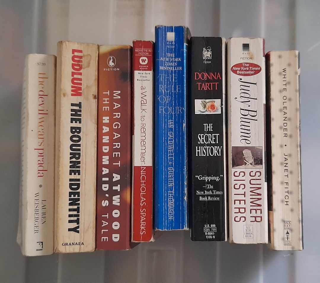 Popular Fiction 8 Small Paperbacks (details in description) (Category: Storybooks) located in Caloocan City. Submitted by giftsfromjapan5 (Listing ID 1390265771, Image 2). Description: 1) Devil Wears Prada - Lauren Weisberger 2) Bourne Identity - Robert Ludlum 3) White Oleander - Janet Fitch 4) Rule of Four - Ian Caldwell, Dustin Thomason 5) Secret History - Donna Tartt 6) Summer Sisters - Judy Blume 7) A Walk to Remember - Nicholas Sparks 8) Han