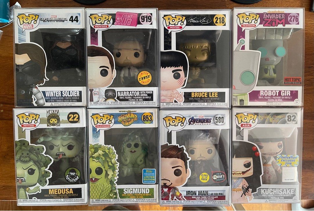 Funko Pop Grails and Set (Category: Designer & Blind Box Toys) located in Pili. Submitted by MattDCollector (Listing ID 1390268366, Image 1). Description: Individual Prices: Winter Soldier - 2.5K Flight Club Narrator Chase - SOLD‼️ Bruce Lee Gold - 800 Invader Zim Robot Gir - 2.5K Kuchisake Bloody Convention Exclusive - 10K Iron Man GITD Filbars Exclusive - 1.2K Sigmundnand the Sea Monsters - 1.2K Medusa (Pop Cultcha Exclusive) - SOLD‼️ Set Price