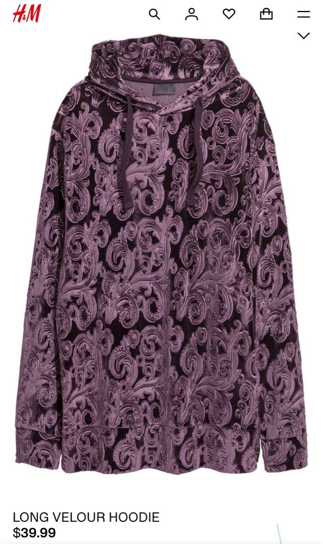 M | H&M Long Velour Pullover Hoodie (Category: Coats, Jackets and Outerwear) located in Apalit. Submitted by cdabs01 (Listing ID 1390274416, Image 2). Description: Color: Purple Material: 96% Polyester, 4% Spandex Remarks: - a bit oversized, best fits L to XL frames (unisex) - good as new, no issues, not too hot.
