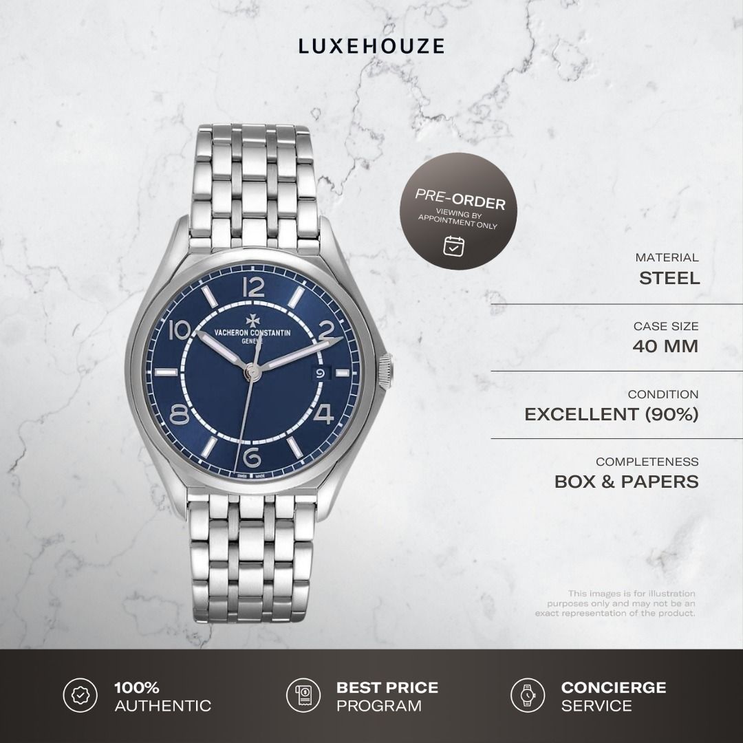 Mint Aug 2022 Vacheron Constantin Fiftysix 40 4600E/110A-B487 Blue (Category: Watches) located in Singapore. Submitted by luxehouze (Listing ID 1389396886, Image 2). Description: Luxehouze is your trusted marketplace to buy and sell luxury goods. Luxehouze SG Pte Ltd is a licensed luxury goods marketplace and regulated dealer. WHY US? 100% Authentic with Money-Back Guarantee Best Price Program* Luxury Sourcing * T&Cs apply. OUR SERVICES • Watch P