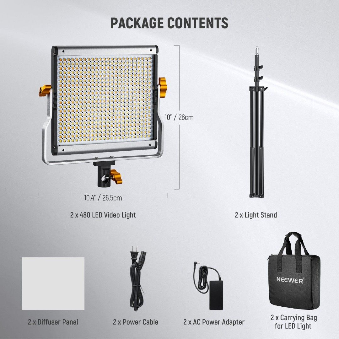 NEEWER 2 PACK NL480 Bi-Color LED Panel Light Kit (Category: Lighting & Studio Equipment) located in Mabalacat. Submitted by importemporium (Listing ID 1390393752, Image 2). Description: NEEWER 2 PACK NL480 Bi-Color LED Panel Light Kit Inclusions: x2 LED NL480 Video Light x2 Light Stand x2 Diffuser Panel x2 Power Cable x2 AC Power Adapter x2 Carrying Bag for LED Lights x2 Light Panel Soft Box Brandnew High quality Very Good for live streaming, vlo