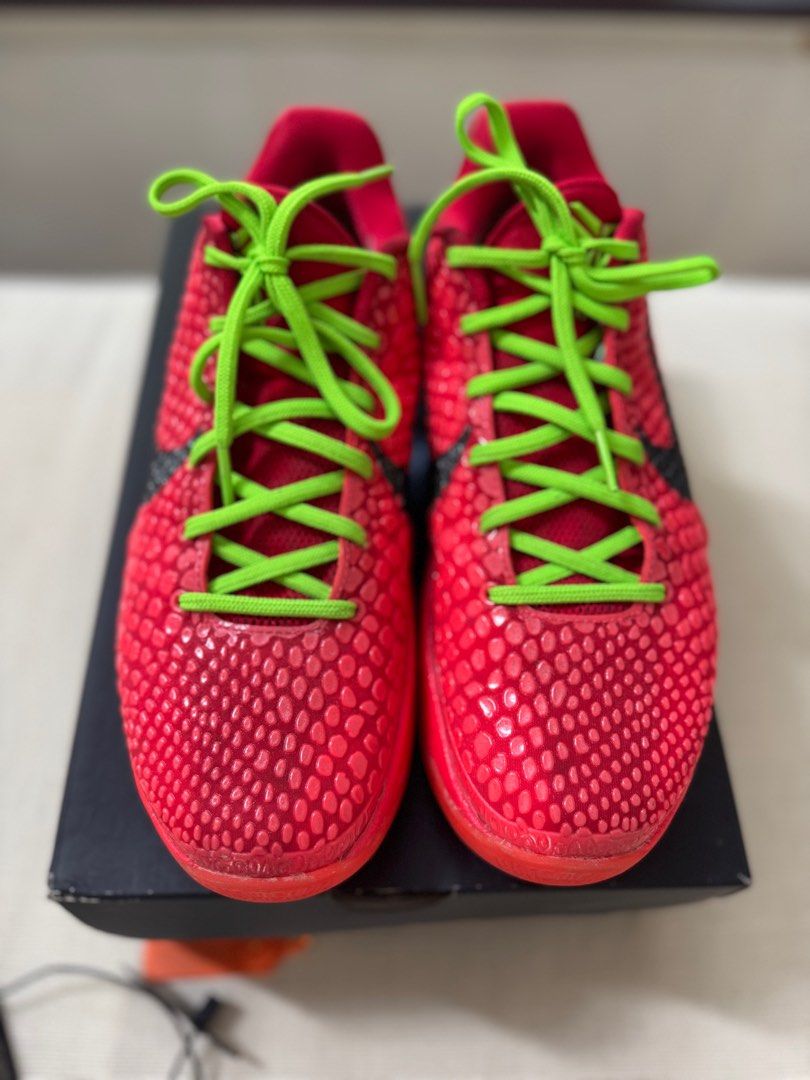 NIKE KOBE 6 PROTRO REVERSE GRINCH 8US AUTHENTIC (Category: Sneakers) located in Muntinlupa City. Submitted by king_declutter (Listing ID 1390253142, Image 1). Description: FOR SALE: Authentic Kobe 6 Reverse Grinch Size: 8US Condition: Lightly used but w slight glue issues ( see 9th and 10th pics) Price: 11k fixed or trade to other Kobe's Size 9us RFS: Outgrown by my son 100% authentic.