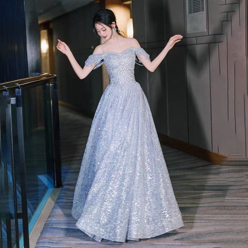 PO blue dress gown with shoulder straps sparkly rhinestones Birthday tea  party prom graduation celebration special occasion dnd gala dinner evening  awards ceremony red carpet event formal photoshoot, Women's Fashion, Dresses  &
