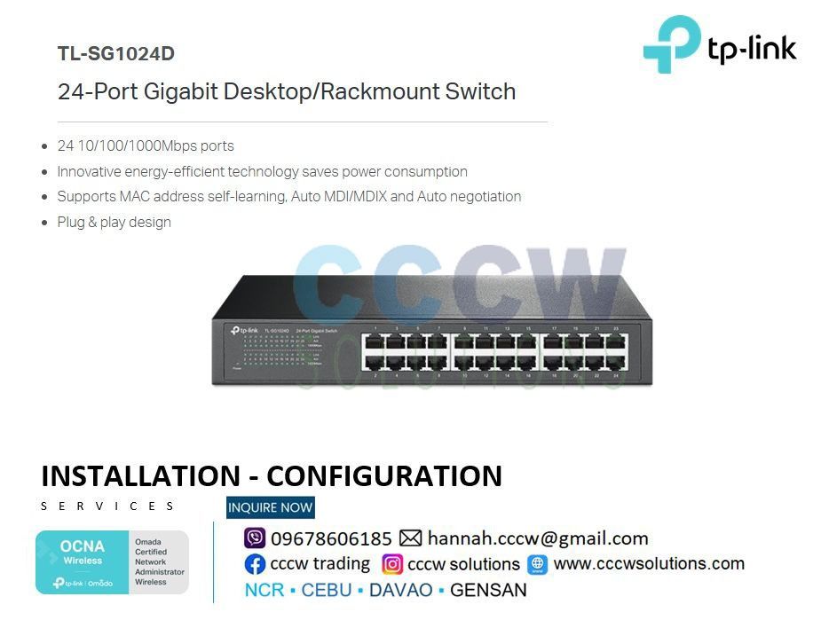 TP Link - TL-SG1024D 24-Port Gigabit Desktop/Rackmount Switch (Category: Office & Business Technology) located in Manila. Submitted by rich_cat (Listing ID 1390284864, Image 1). Description: TP-Link, Reliably Smart 🔵 TL-SG1024D ✔️ 24-Port Gigabit Desktop/Rackmount Switch ✔️ 24 10/100/1000Mbps ports ✔️ Innovative energy-efficient technology saves power consumption ✔️ Supports MAC address self-learning, Auto MDI/MDIX and Auto negotiation ✔️ Plug &