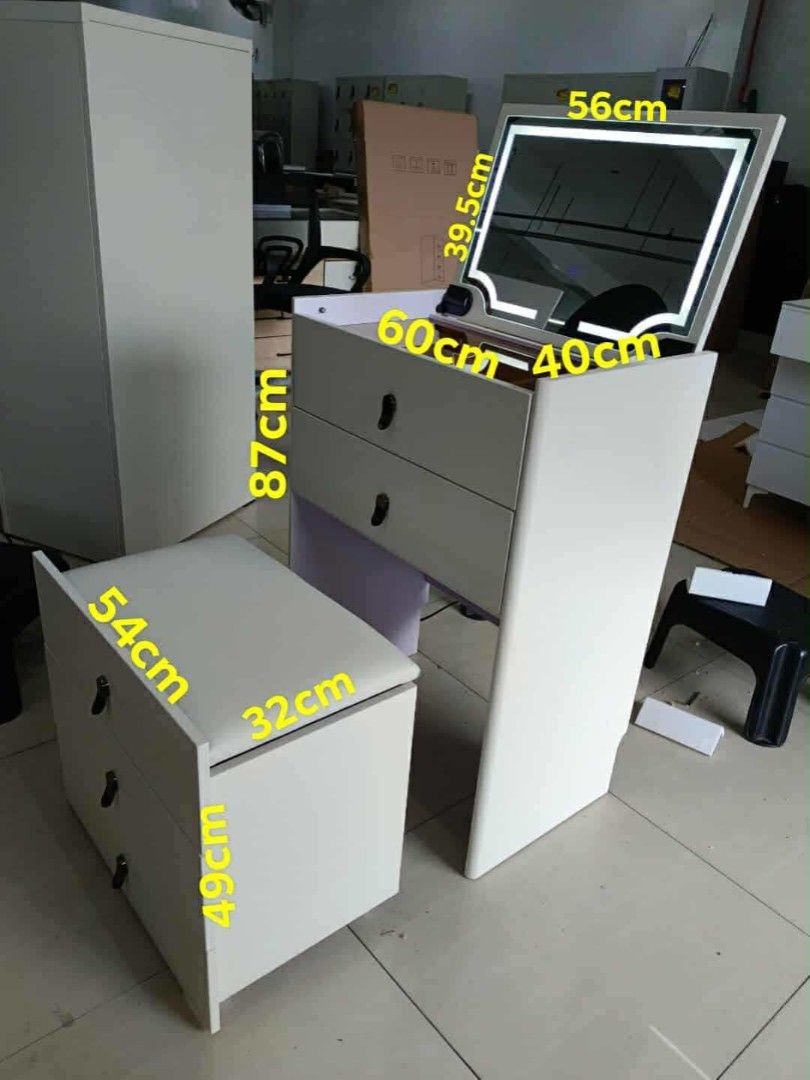 2in1 Vanity Set Table and Stool Drawer (Category: Shelves, Cabinets & Racks) located in Makati City. Submitted by gineth24 (Listing ID 1393620866, Image 2). Description: Brand New free assemble +Sf, may vary per location Pm for inquiries.