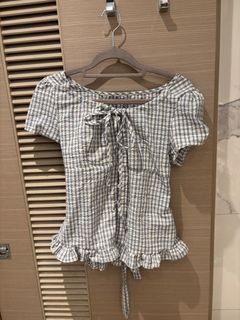 韓國藍白格仔收腰短袖上衣64216419787650110