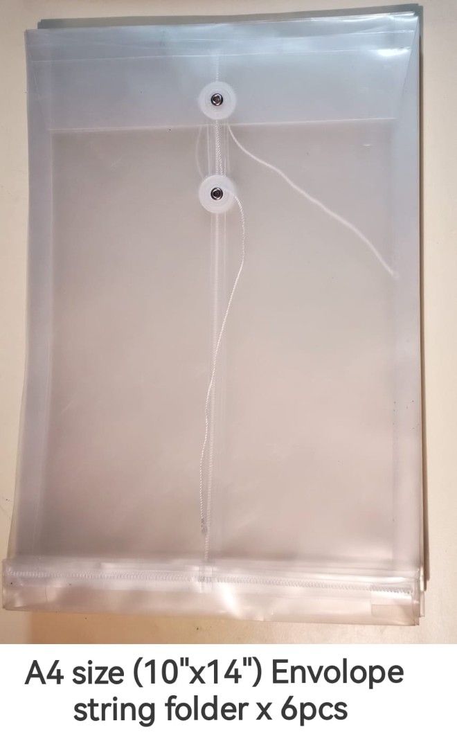 A4 Envelope String Folder (6pcs) (Category: Stationery & School Supplies) located in Singapore. Submitted by edi_the_gr8 (Listing ID 1393792821, Image 1). Description: Selling a bundle of 6 x A4 Envelope String folders at $3! A4 size envelope string folders. Each folder has a string closure. Pack includes 6 pieces. Great for organizing documents and papers. The folders are transparent. Meet up location is flexible anywhere in the West, meet up ti
