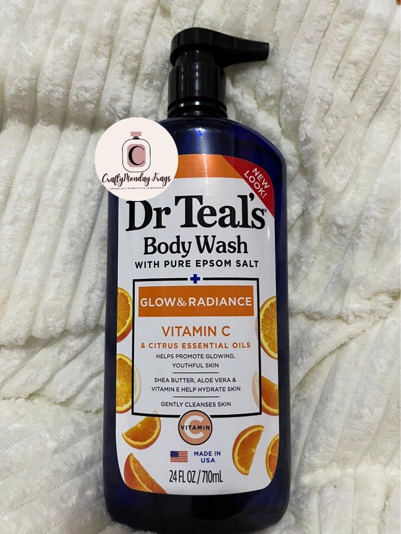 DR TEALS BODY WASH GLOW & RADIANCE (Category: Bath) located in Makati City. Submitted by craftymondayfrags (Listing ID 1393758200, Image 1). Description: 710ml Dr Teal’s body wash with pure epsom salt Glow and radiance Vitamin c & citrus essential oils Helps promote glowing, youthful skin Shea butter, aloe vera and vitamin e help hydrate skin Gently cleanses skin.