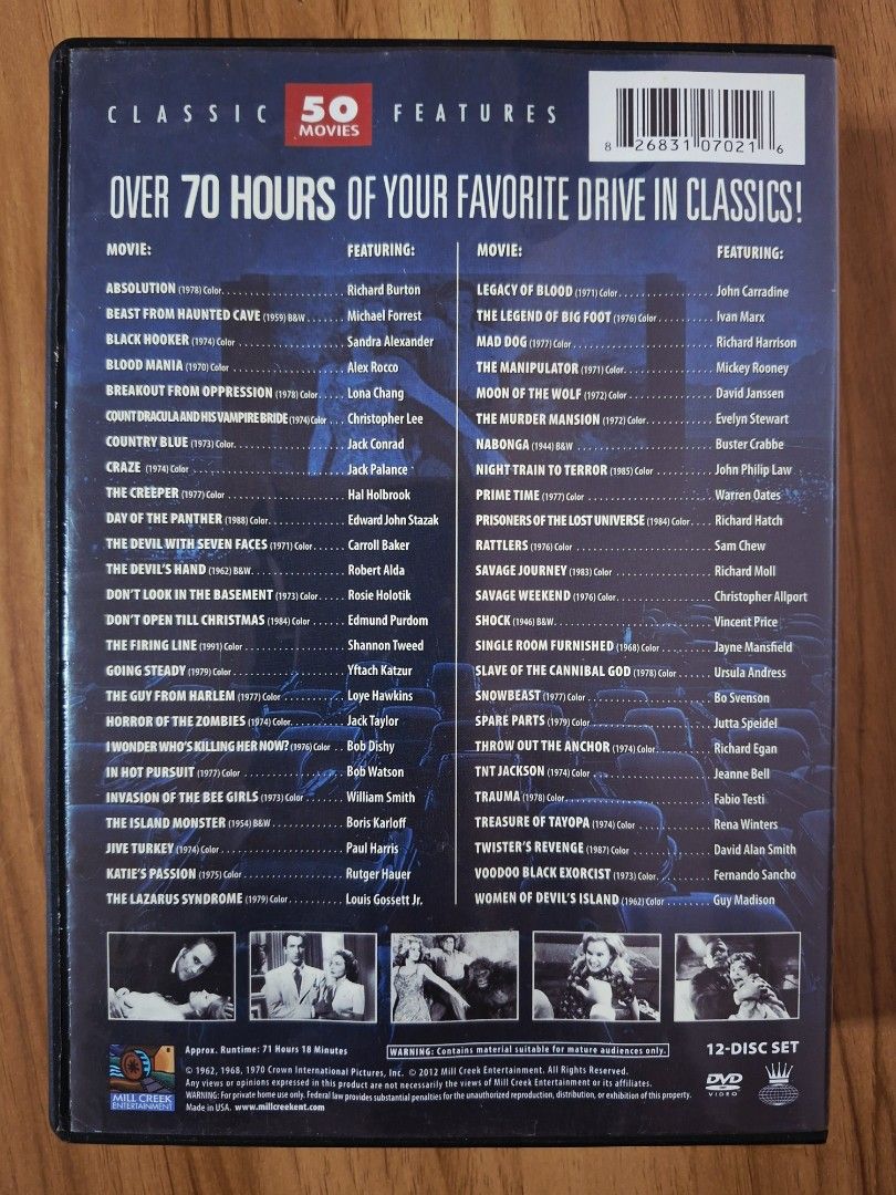Drive In 50 Movie Classics DVD (Category: CDs & DVDs) located in Kabankalan. Submitted by Videoshop.ph (Listing ID 1393657473, Image 3). Description: - 50 Classic Movies DVD Set - Over 70 hours of viewing - 12 Discs - Features classic actors like Christopher Lee and Boris Karloff - Includes titles such as "Absolution", "Beast from Haunted Cave", and "Black Horror".