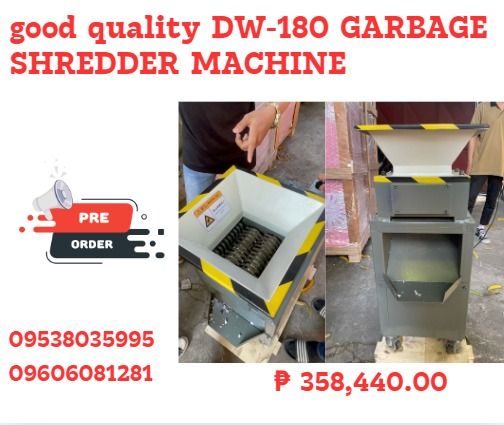 good quality DW-180 GARBAGE SHREDDER MACHINE (Category: Industrial Equipment) located in Caloocan City. Submitted by nataliemor30968 (Listing ID 1393645621, Image 1). Description: Motor 220V, 50Hz, 1-phase Power 1.5KW-4,Single motor Reducer K47 Input speed 25 rpm Input torque 400Nm Input shaft Dia. Φ35 Blade size Φ90*8 Blade material 9CrSi Blade Qty. 21 PCS Inlet size 500*500*300 mm Outlet width 280 mm Outlet height 200 mm Machine size (L*W*H) 69
