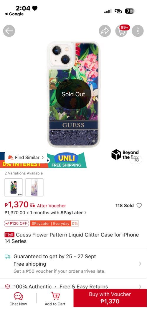Guess Flower Pattern Liquid Glitter Case for iPhone 14pro Series (Category: Cases & Sleeves) located in Makati City. Submitted by bageetashop (Listing ID 1393675959, Image 2). Description: Bought from Beyond the box but wrong iphone model . 800 plus SF .