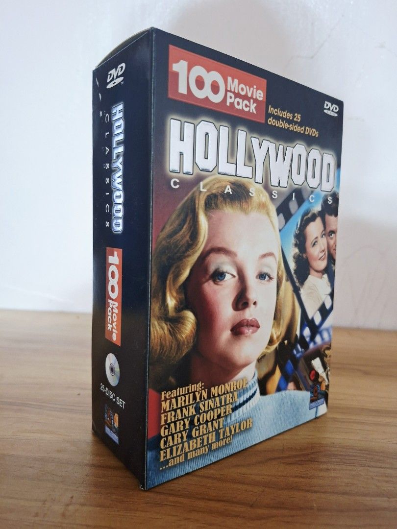Hollywood Classics 100 Movie Pack DVD Set (Category: CDs & DVDs) located in Kabankalan. Submitted by Videoshop.ph (Listing ID 1393677255, Image 1). Description: - 100 Classic Hollywood Movies - 25 Double-sided DVDs - Featuring iconic stars: Marilyn Monroe, Frank Sinatra, Gary Cooper, Cary Grant, Elizabeth Taylor - Made in the USA - Collection from 2006.