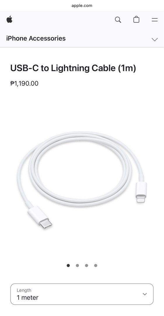 IPHONE USB-C to Lightning Cable (1 meter) (Category: Chargers & Cables) located in Bacoor. Submitted by winterbear017 (Listing ID 1393632307, Image 2). Description: IPHONE USB-C to Lightning Cable (1 meter) Original, never used since I’m still using my old cable ₱950 last price Check photo of original item price from Apple (₱1,190).