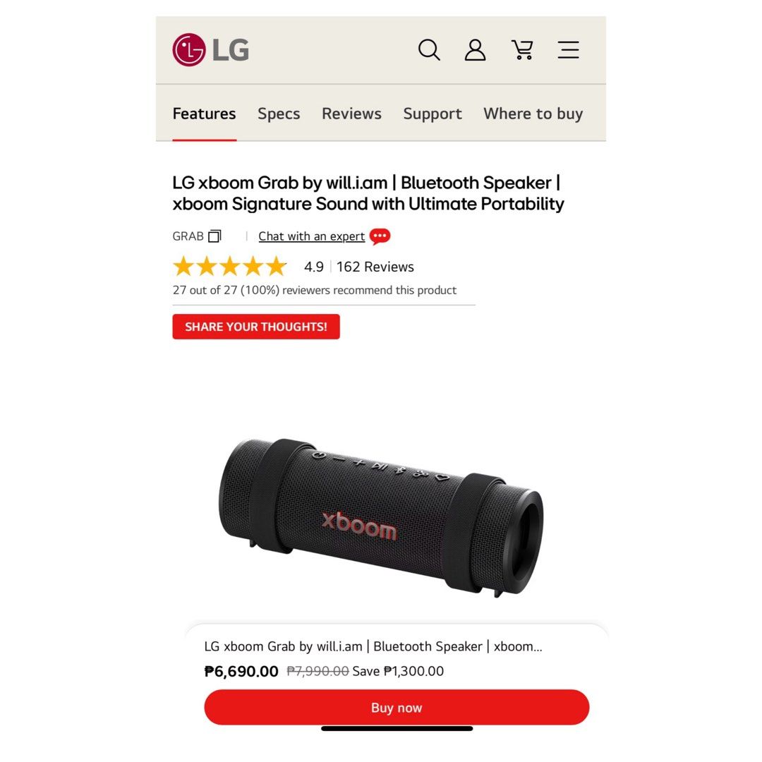 LG xboom Grab by will.i.am (Category: Soundbars, Speakers & Amplifiers) located in Pasig City. Submitted by justdeclutter_777 (Listing ID 1393720603, Image 2). Description: For more information: https://www.lg.com/ph/audio/portable-speakers/grab/ • Brand New & Unopened 📦 Received as a complimentary gift from Solaire ⚠️ No warranty included 💰 Best Offer Only (no lowballers please 🙏) .
