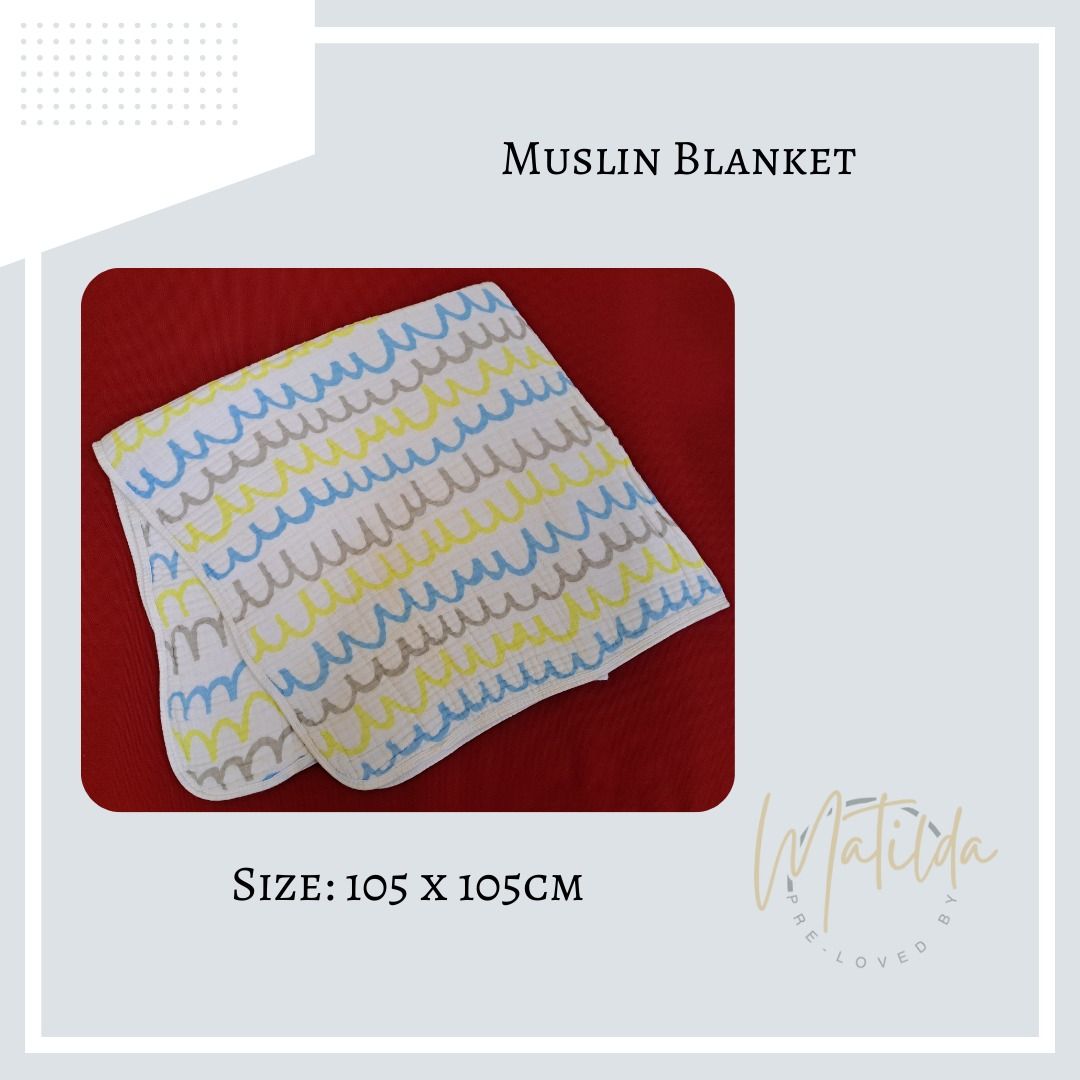 Muslin Blanket (Category: Baby Toiletries & Grooming) located in Quezon City. Submitted by matilda12204 (Listing ID 1362135044, Image 1). Description: Muslin Blanket PRODUCT DETAILS - Soft and super snuggly. - Clean and almost Brand new. - 100% Cotton Fabric. - 6 layers SIZE & FIT CM 105 x 105 C02.