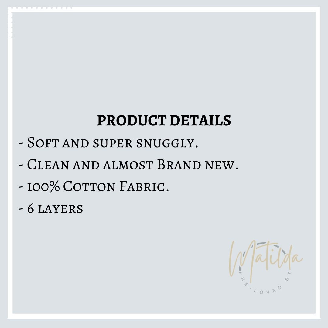 Muslin Blanket (Category: Baby Toiletries & Grooming) located in Quezon City. Submitted by matilda12204 (Listing ID 1362135044, Image 2). Description: Muslin Blanket PRODUCT DETAILS - Soft and super snuggly. - Clean and almost Brand new. - 100% Cotton Fabric. - 6 layers SIZE & FIT CM 105 x 105 C02.