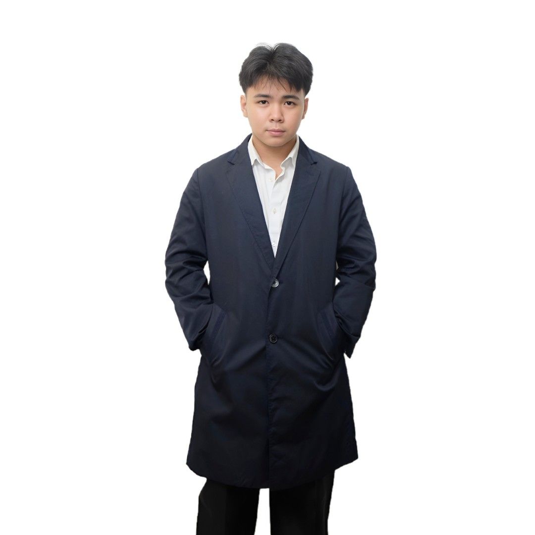 Navy Blue Long Blazer Lightweight Coat by AEGIS (Category: Coats, Jackets and Outerwear) located in General Trias. Submitted by coatsaleph (Listing ID 1393743289, Image 1). Description: Navy Blue Long Blazer Lightweight Coat by AEGIS – Stylish slim-fit coat with textured fabric, notch lapel, two-button front, and side pockets. Perfect for formal or smart casual wear. Mine : 650 Size: Large Dimensions measured by inch Length: 35 Chest: 52 (armpit 