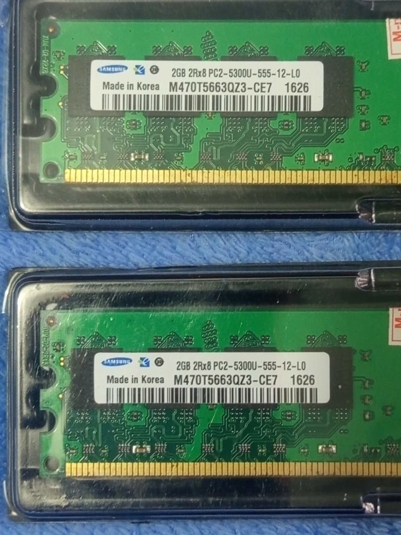 Samsung 2GB DDR2 667 MHz Desktop RAM (Category: Computer Parts) located in Pasig City. Submitted by gadgetvault (Listing ID 1393755436, Image 2). Description: Samsung 2GB DDR2 667 MHz Desktop RAM 2 pieces. Nagamit lang once for testing. No issue 100% working. Pickup or Lalamove. Santolan Pasig..