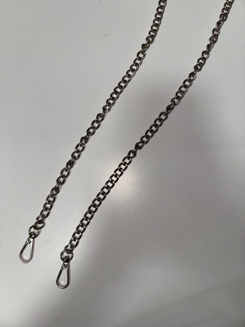 Silver Chain Bag Strap (100-120cm) (Category: Cross-body Bags) located in Quezon City. Submitted by roripreloved (Listing ID 1393733741, Image 1). Description: Have two options: 1) smaller holes max 48 in (1st-2nd pic) shein 2) bigger holes max 45 in (3rd and 4th pic) trendyol No issues. Brand new. .