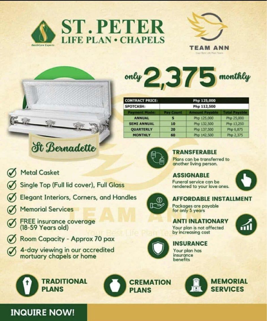 St Peter Plan St Bernadette 26 mos paid (Category: Family Planning) located in Quezon City. Submitted by glitchandglamor (Listing ID 1390547227, Image 2). Description: •Asking: Php 55000, 26 mos paid at 61750 •Fairly negotiable if taking ASAP •No longer needed .