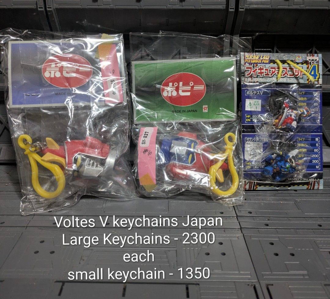 Voltes V keychains Japan- prices on description (Category: Character Goods) located in Paranaque City. Submitted by Turtle0023 (Listing ID 1393810237, Image 1). Description: Large keychains around 2.5 inches - 2300 each Small keychain around 1 inch - 1300 New condition.