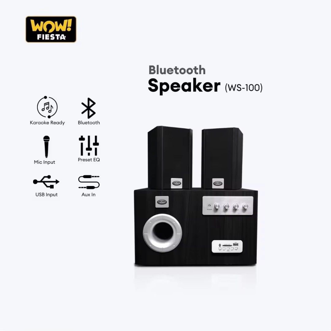 WOW Premium Bluetooth Speaker w/ Usb-SD (Category: Soundbars, Speakers & Amplifiers) located in Malabon City. Submitted by jfshop_online (Listing ID 1393707798, Image 2). Description: • 2.1 Channel Speaker System • Bluetooth Connectivity • Karaoke & Gaming Ready • USB/SD Playback • Powerful 70W RMS (40W + 15Wx2) • Deep Bass: 35Hz–20KHz.