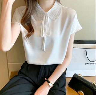 New Women's White Chiffon Sparkly Collar Bow Short Sleeve Slimming Top - Plus Size ($60/piece, $100/2 pieces)64197972830722110