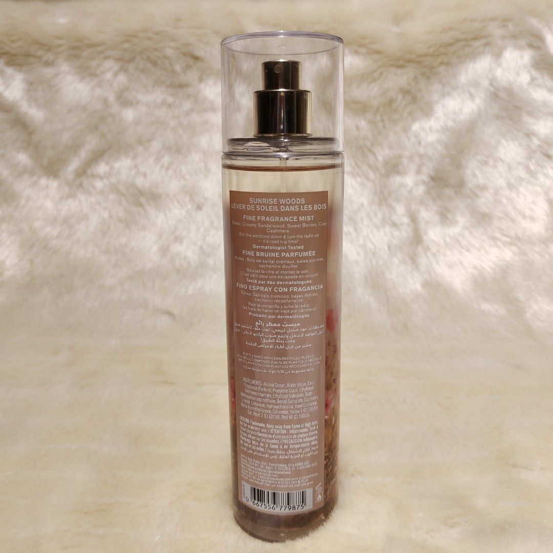 B&B Works Sunrise Woods Mist (Category: Fragrance & Deodorants) located in Binan City. Submitted by apparelsbyeve (Listing ID 1393984867, Image 2). Description: ORIGINAL - Bath & Body Works Sunrise Woods Fine Fragrance Mist - Volume: 236 ml / 8 fl oz - Features a beautiful floral design - Comes with a clear cap - Product information printed on the back.