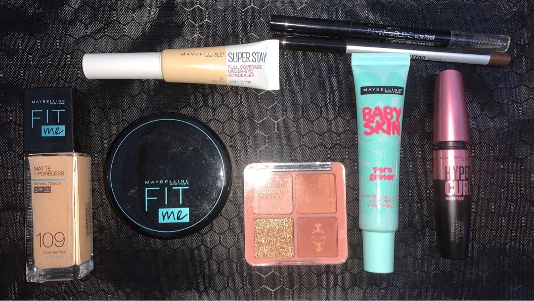 Branded Makeup (Expired) (Category: Makeup) located in Manila. Submitted by bookph (Listing ID 1393958591, Image 2). Description: Take all for ₱250! Makeup manufactured 2021 Consists of Maybelline Hypercurl mascara Maybelline Line Tattoo crayon pen Maybelline Define & Blend brow pencil Maybelline Fit Me Foundation (shade 109) Maybelline Fit Me Powder Maybelline SuperStay liquid concealer (shade 15) Maybelline Baby Skin Pore Eraser (primer) Squad 