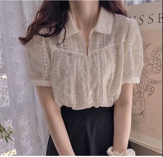 Made in Korea 白色蕾絲短袖襯衫64243048658563110