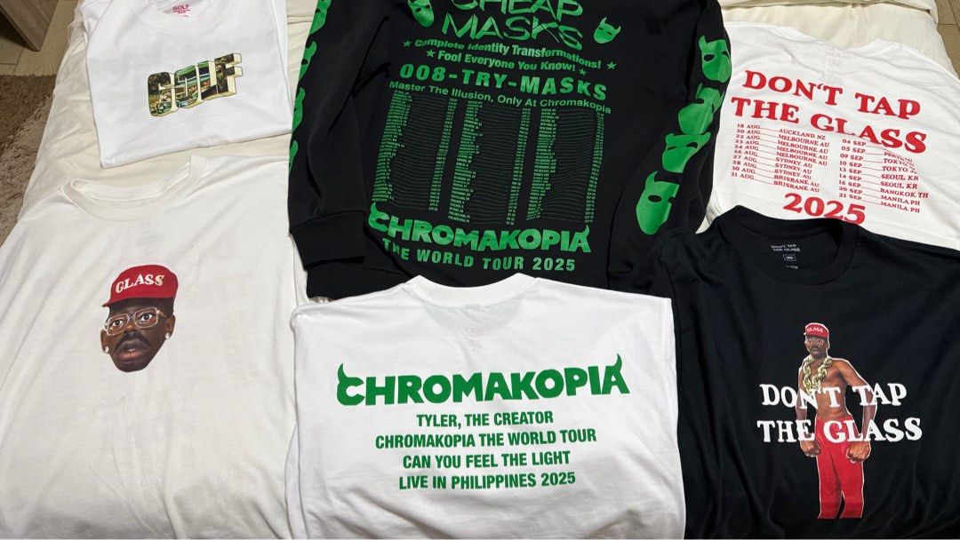 OFFICIAL TYLER THE CREATOR MERCH PH 2025 (Category: Tshirts & Polo Shirts ) located in Manila. Submitted by jeri_decluttering (Listing ID 1393876987, Image 1). Description: ON HAND / FOR SALE ONLY OFFICIAL TYLER THE CREATOR MERCH CHROMAKOPIA WORLD TOUR 2025 (2) GOLF MANILA PH EXCLUSIVE- LARGE 5995 each (SOLD OUT) (2) DTTG WHITE - LARGE 5200 each (LAST STOCK) (2) DTTG BLACK - LARGE 5200 each (LAST STOCK) (1) CHROMA HOODIE BLACK - LARGE 8500 ea SOL